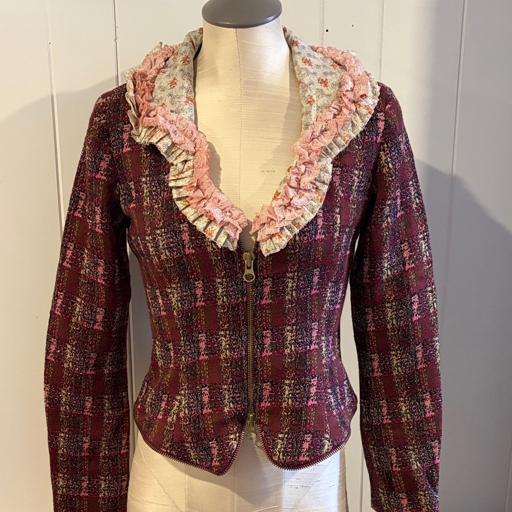 Custo Barcelona Pink and Red Checkered Blazer with Floral Ruffle